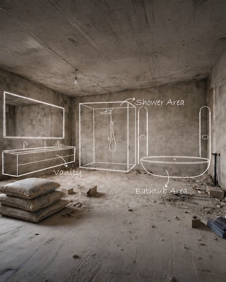Esquisse conceptuelle de l'aménagement d'une salle de bains sur une pièce vide
